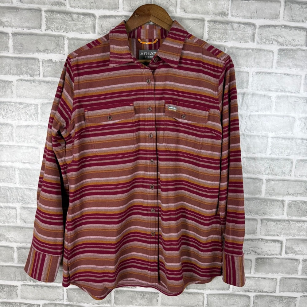 Ariat Rebar Womens Large Striped Long Sleeve Button Down Work Shirt Burgundy